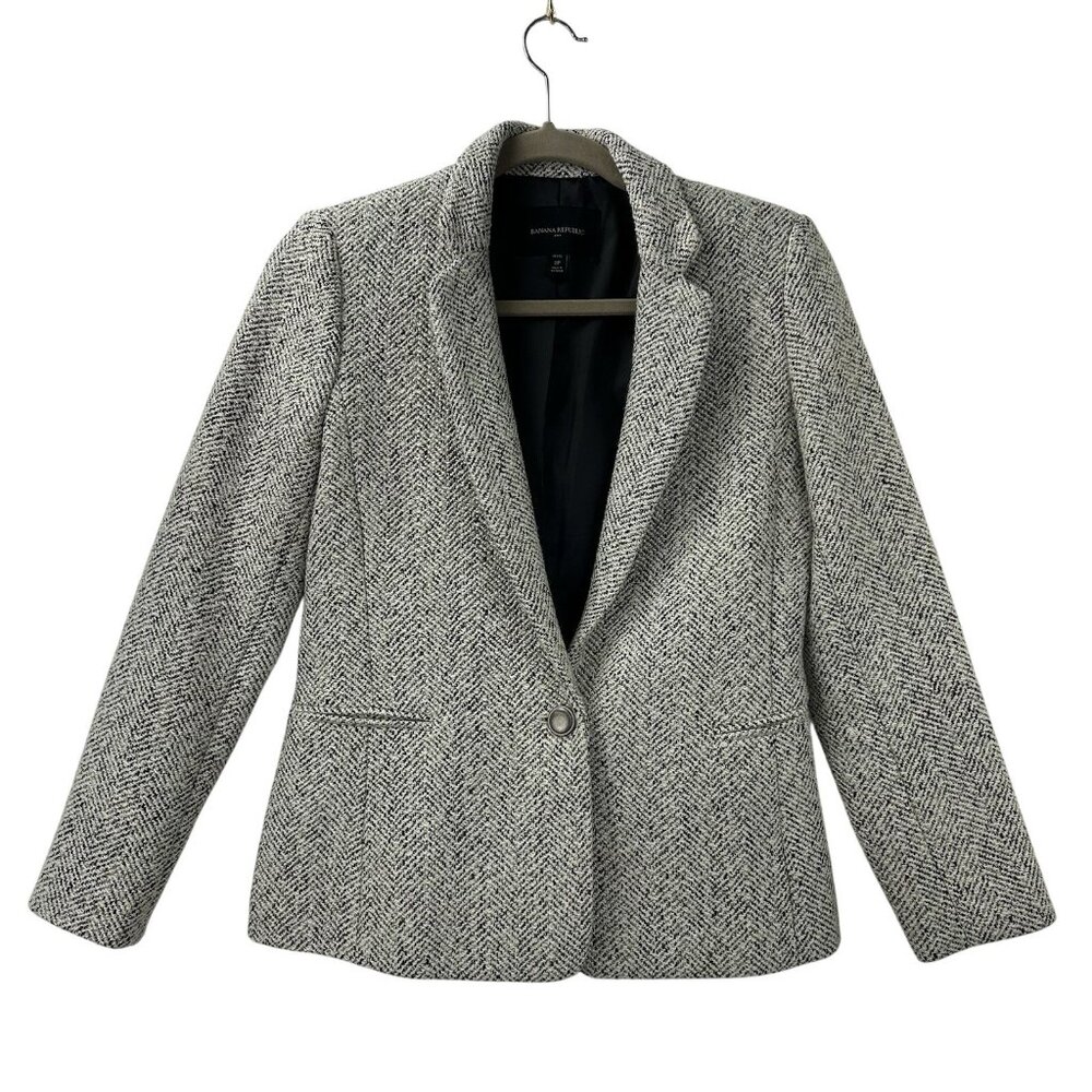 Banana Republic Women's 2P Wool Blend Gray Herringbone 1 Button Office Blazer